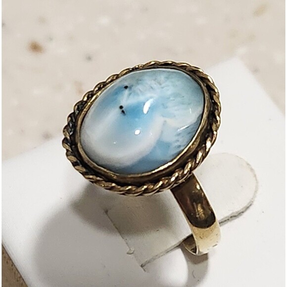 Larimar Size 6 Ring Ocean Sky Blue Cabochon Vintage Sterling Silver Rope Edging - Picture 2 of 12